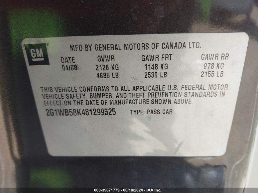 2008 Chevrolet Impala Ls VIN: 2G1WB58K481299525 Lot: 39671779