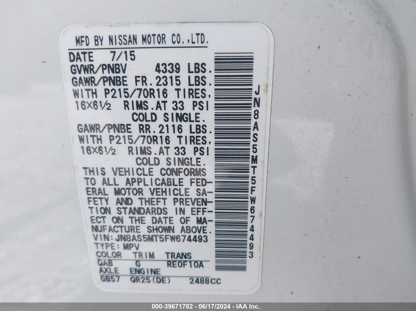 2015 Nissan Rogue Select S VIN: JN8AS5MT5FW674493 Lot: 39671782