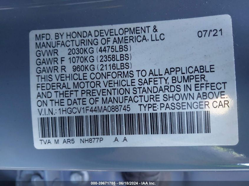 2021 Honda Accord Sport Special Edition VIN: 1HGCV1F44MA088745 Lot: 39671785