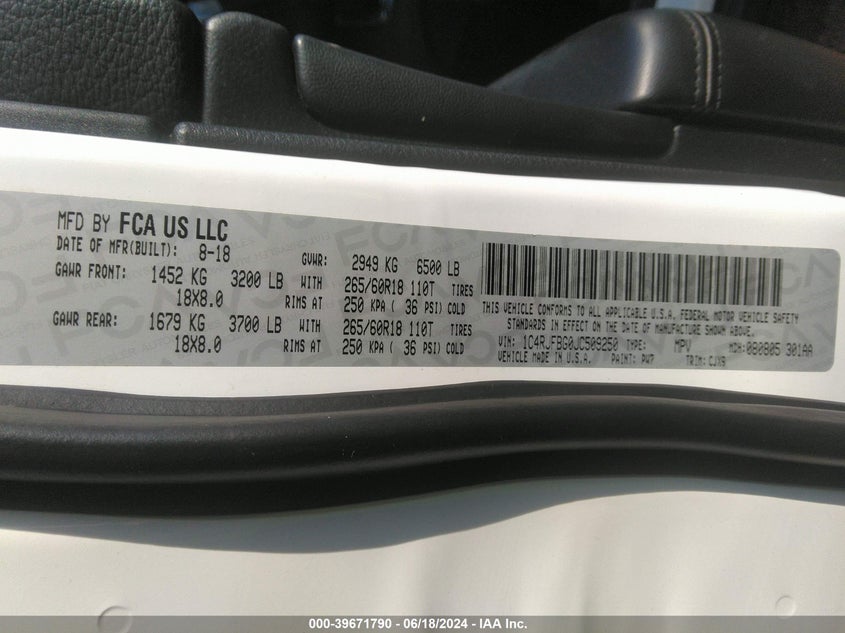 2018 Jeep Grand Cherokee Limited 4X4 VIN: 1C4RJFBG0JC509250 Lot: 39671790