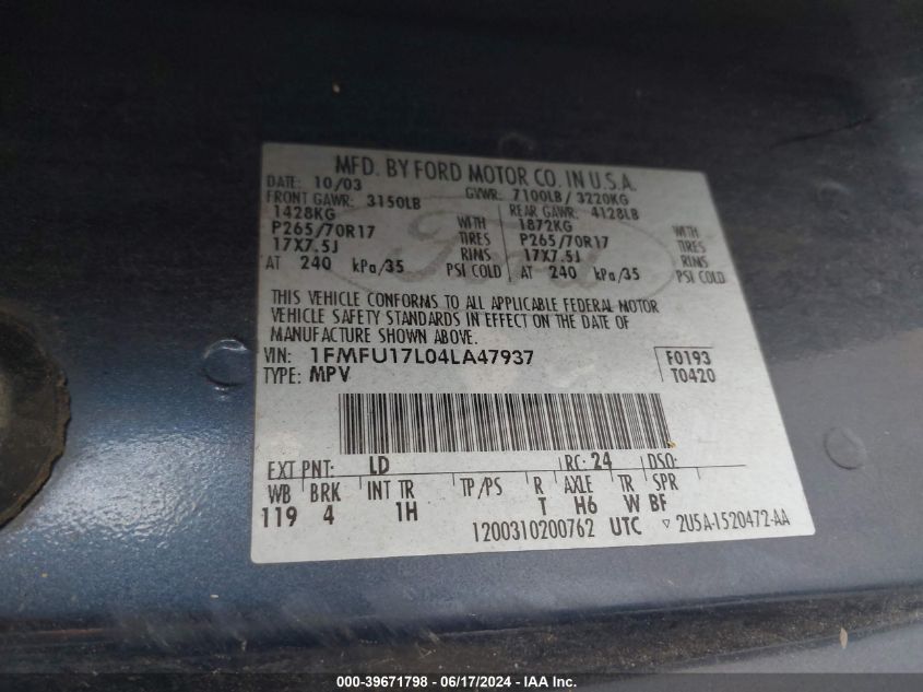 2004 Ford Expedition Eddie Bauer VIN: 1FMFU17L04LA47937 Lot: 39671798