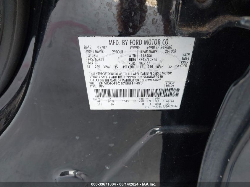 2007 Ford Edge Sel Plus VIN: 2FMDK49C87BB14493 Lot: 39671804