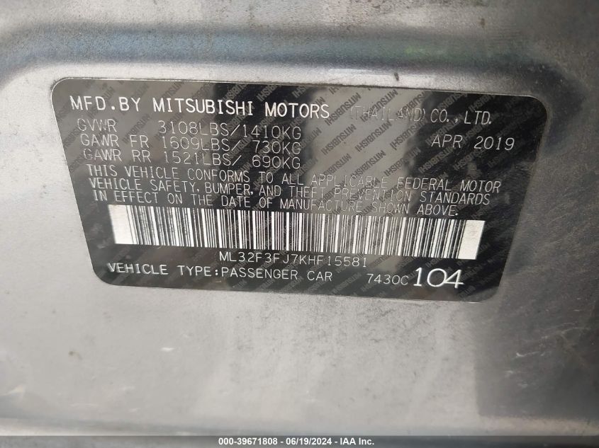 2019 Mitsubishi Mirage G4 Es VIN: ML32F3FJ7KHF15581 Lot: 39671808