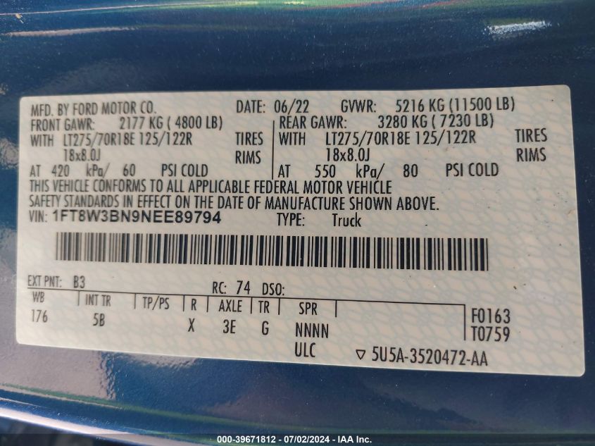 2022 Ford F350 Super Duty VIN: 1FT8W3BN9NEE89794 Lot: 39671812