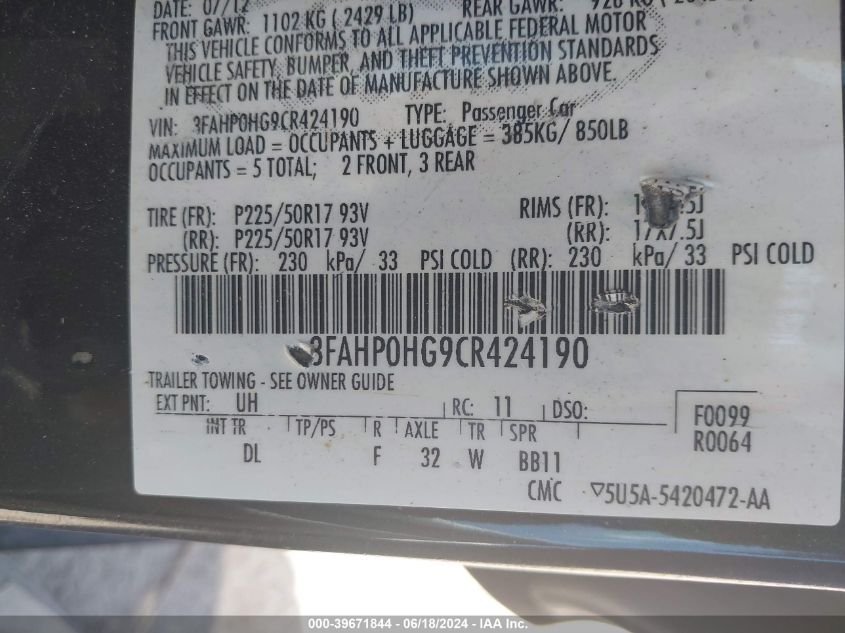 2012 Ford Fusion Se VIN: 3FAHP0HG9CR424190 Lot: 39671844