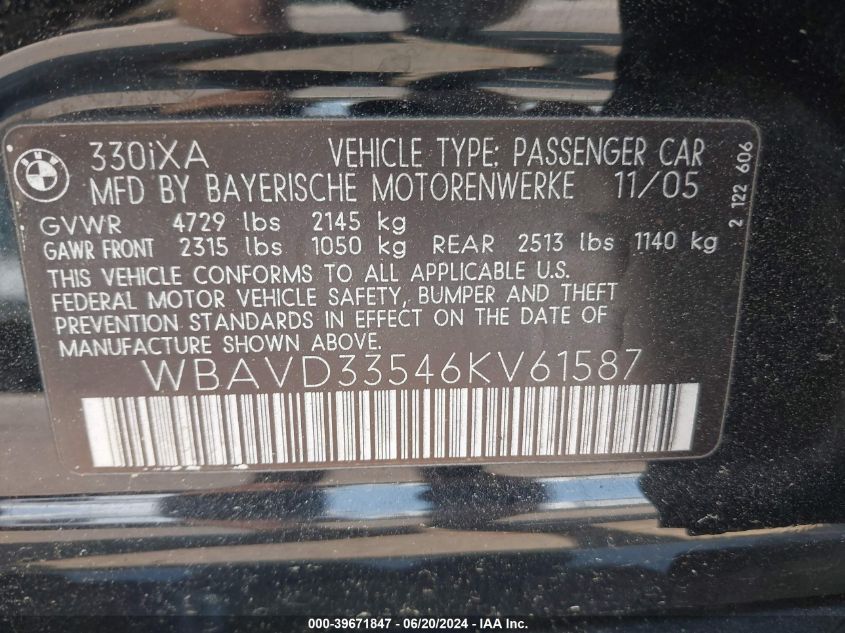 2006 BMW 330 Xi VIN: WBAVD33546KV61587 Lot: 39671847