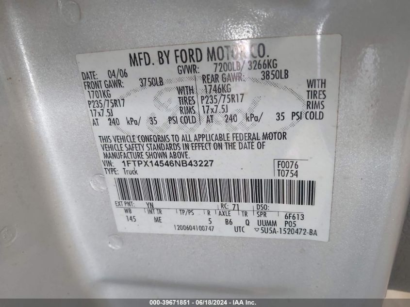 2006 Ford F-150 Fx4/Lariat/Xl/Xlt VIN: 1FTPX14546NB43227 Lot: 39671851