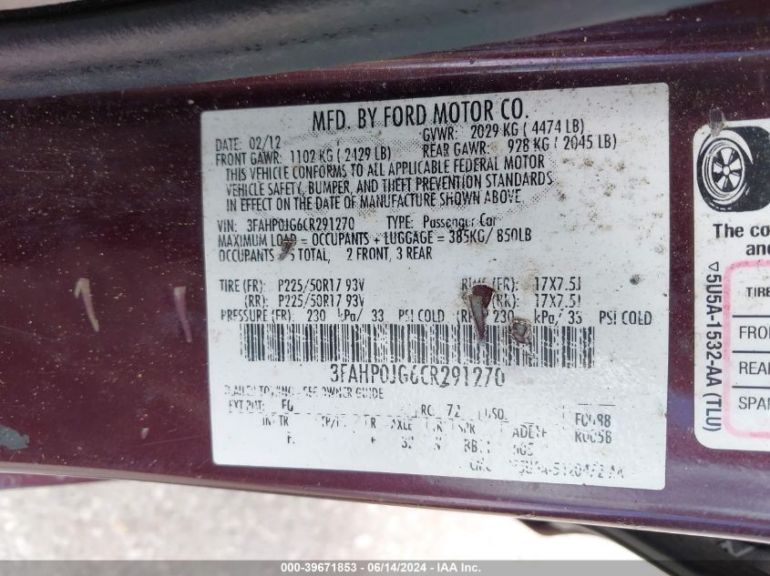 2012 Ford Fusion Sel VIN: 3FAHP0JG6CR291270 Lot: 39671853