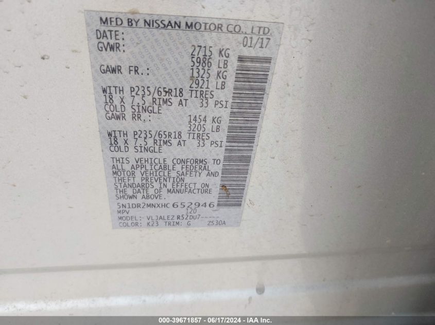 2017 Nissan Pathfinder Sv VIN: 5N1DR2MNXHC652946 Lot: 39671857