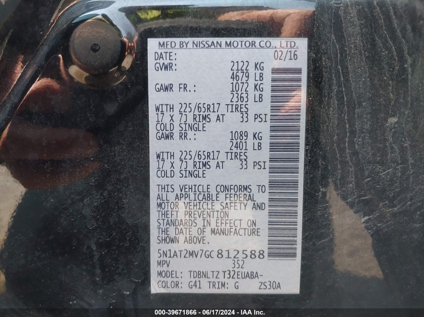 2016 Nissan Rogue Sv VIN: 5N1AT2MV7GC812588 Lot: 39671866