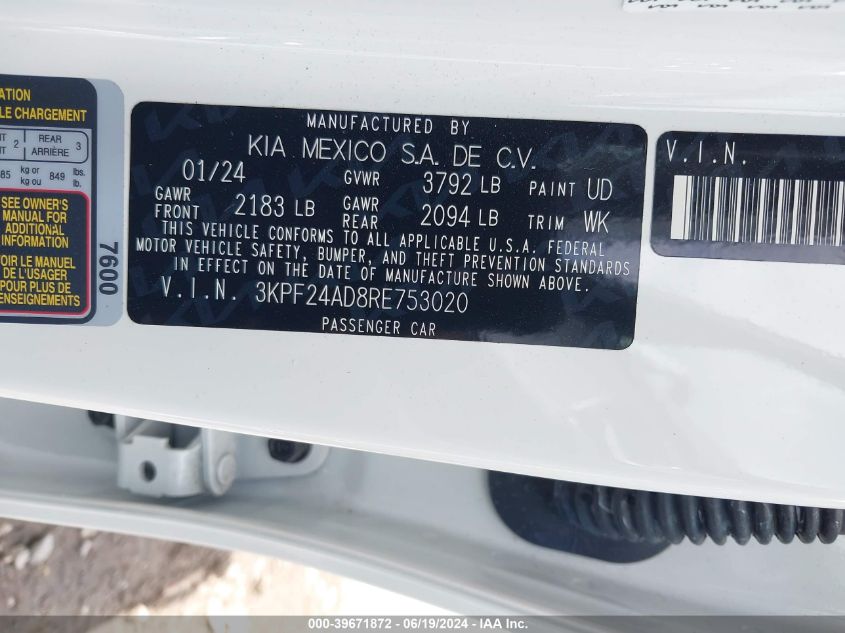 2024 Kia Forte Lx VIN: 3KPF24AD8RE753020 Lot: 39671872