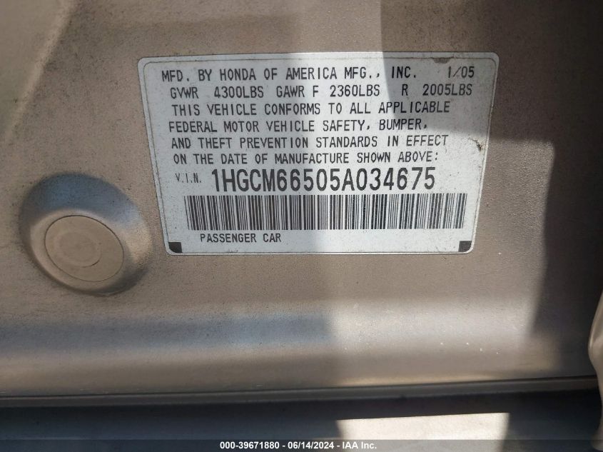 2005 Honda Accord 3.0 Ex VIN: 1HGCM66505A034675 Lot: 39671880