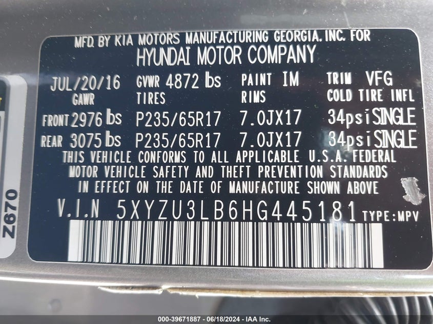 2017 Hyundai Santa Fe Sport 2.4L VIN: 5XYZU3LB6HG445181 Lot: 39671887