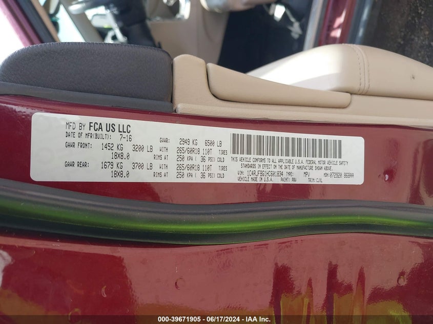 2017 Jeep Grand Cherokee Limited 4X4 VIN: 1C4RJFBG1HC601834 Lot: 39671905