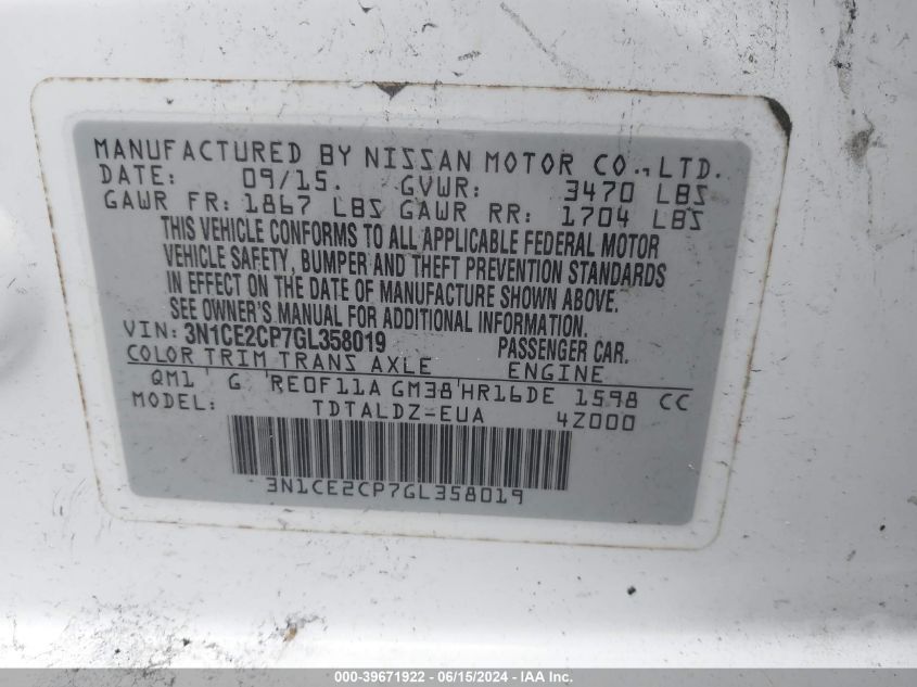 2016 Nissan Versa Note S (Sr)/S Plus/Sl/Sr/Sv VIN: 3N1CE2CP7GL358019 Lot: 39671922