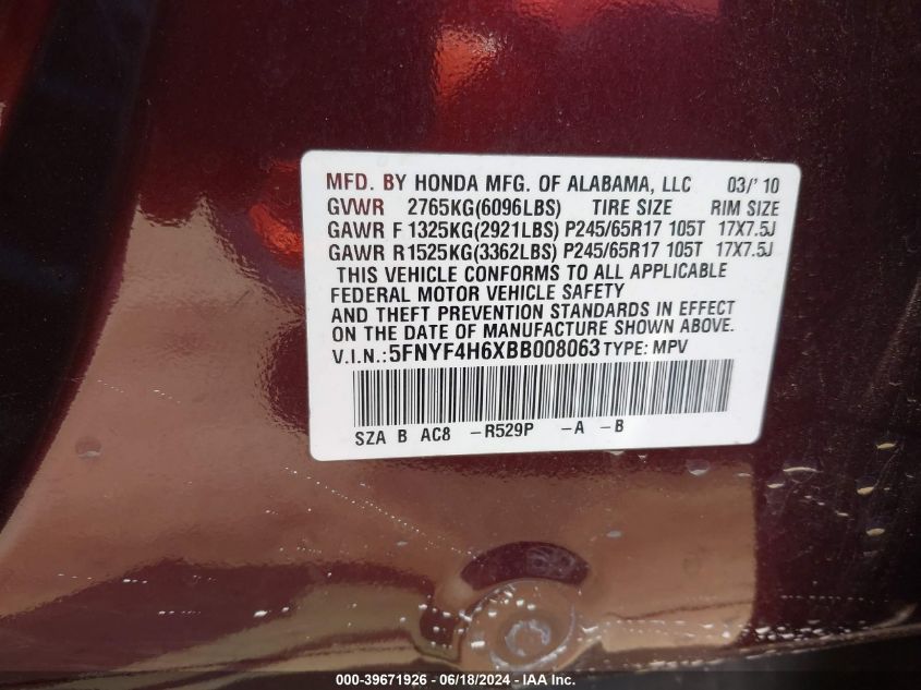 2011 Honda Pilot Ex-L VIN: 5FNYF4H6XBB008063 Lot: 39671926