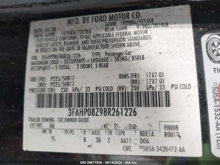 2008 Ford Fusion Sel VIN: 3FAHP08Z98R261226 Lot: 39671936