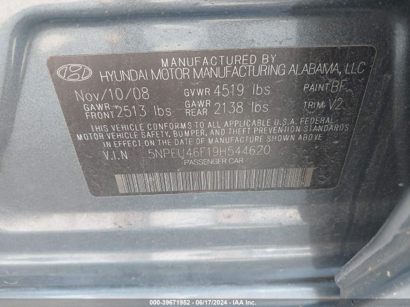 5NPEU46F19H544620 | 2009 HYUNDAI SONATA