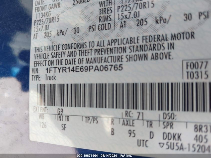 2009 Ford Ranger Sport/Xl/Xlt VIN: 1FTYR14E69PA06765 Lot: 39671964