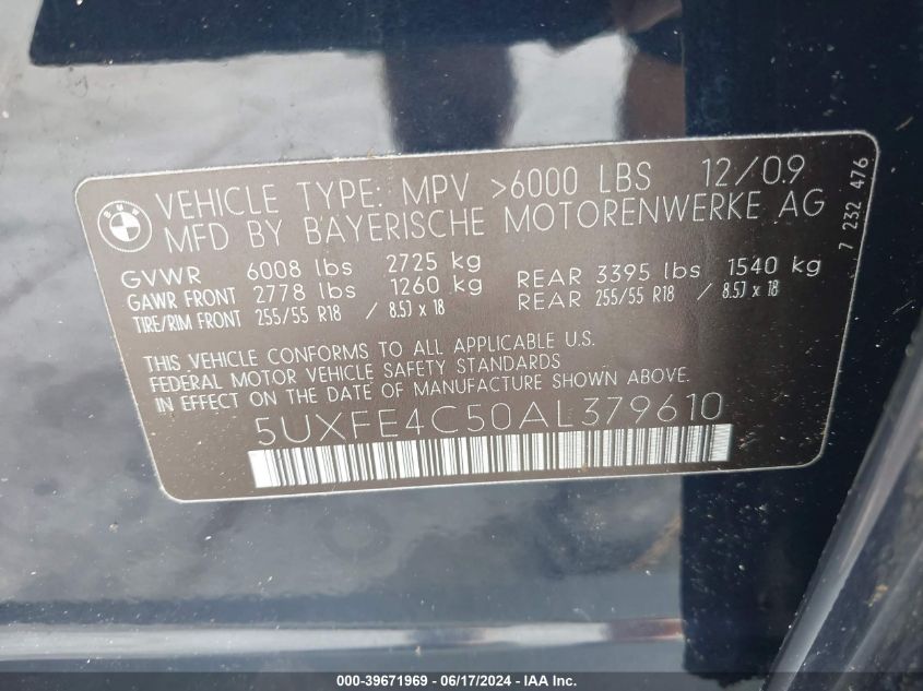 2010 BMW X5 xDrive30I VIN: 5UXFE4C50AL379610 Lot: 39671969