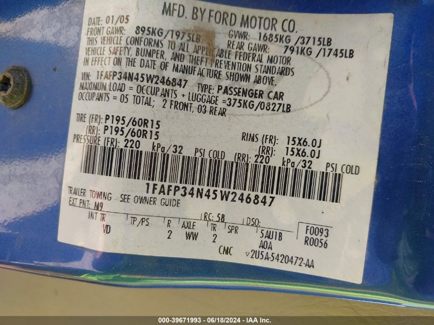 2005 Ford Focus Zx4 VIN: 1FAFP34N45W246847 Lot: 39671993