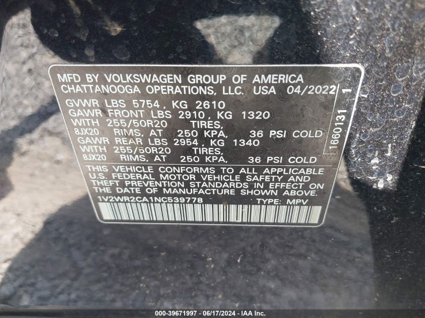 2022 Volkswagen Atlas 3.6L V6 Se W/Technology VIN: 1V2WR2CA1NC539778 Lot: 39671997