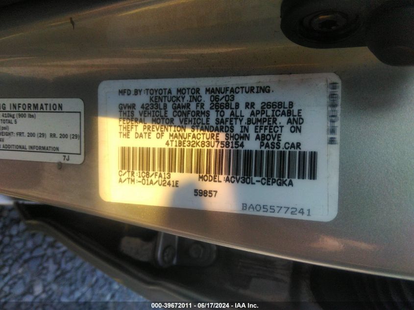 2003 Toyota Camry Xle VIN: 4T1BE32K83U758154 Lot: 39672011