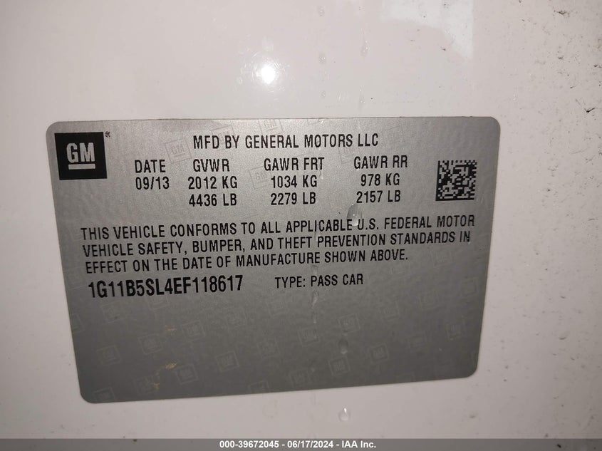 2014 Chevrolet Malibu 1Ls VIN: 1G11B5SL4EF118617 Lot: 39672045