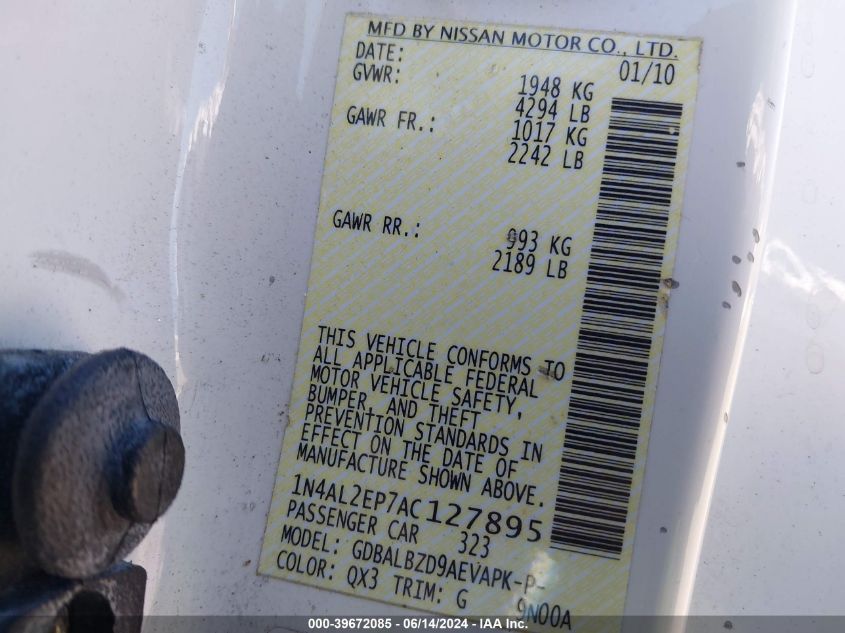 2010 Nissan Altima 2.5 S VIN: 1N4AL2EP7AC127895 Lot: 39672085