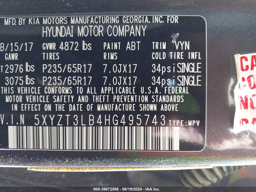 2017 Hyundai Santa Fe Sport VIN: 5XYZT3LB4HG495743 Lot: 39672086