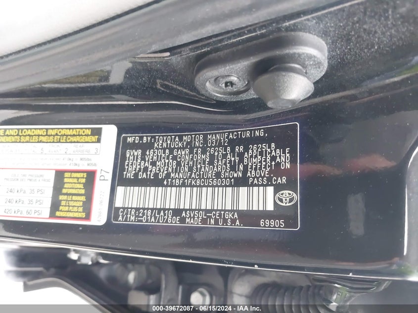 2012 Toyota Camry Xle VIN: 4T1BF1FK8CU560301 Lot: 39672087