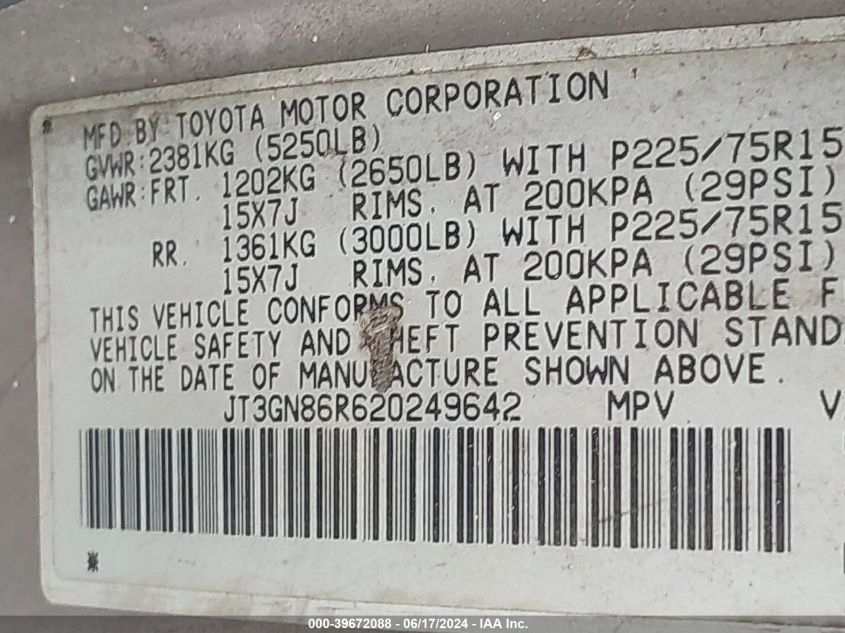 2002 Toyota 4Runner Sr5 V6 VIN: JT3GN86R620249642 Lot: 39672088