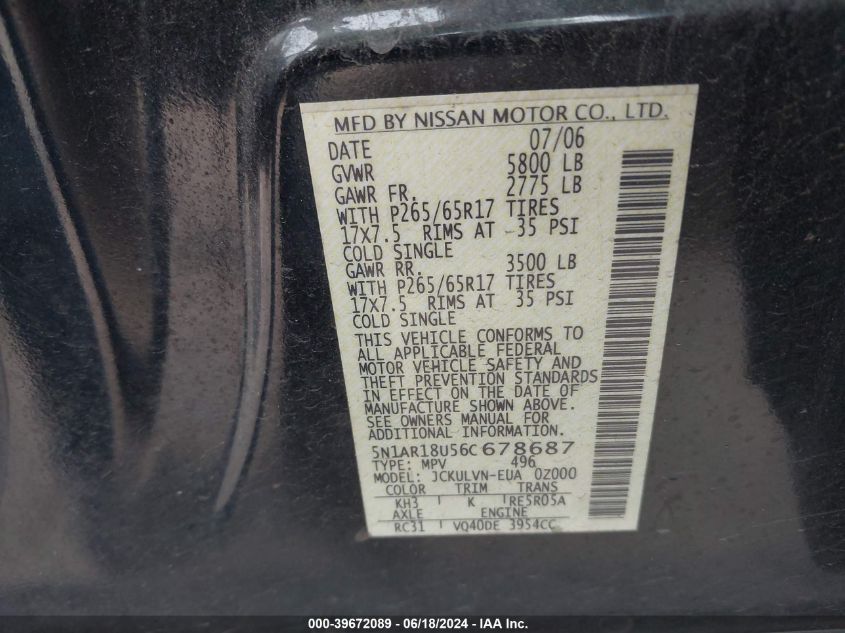 2006 Nissan Pathfinder Le VIN: 5N1AR18U56C678687 Lot: 39672089