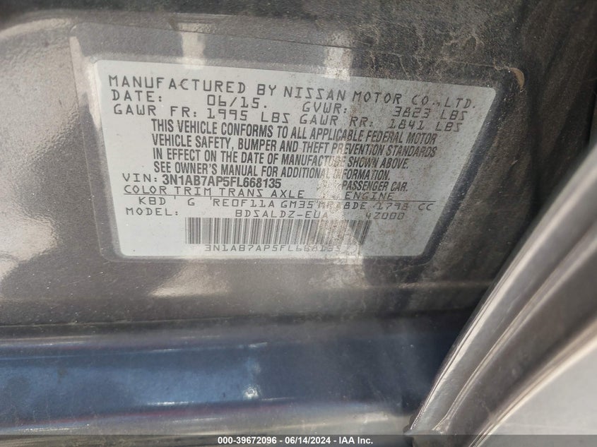 2015 Nissan Sentra Sv VIN: 3N1AB7AP5FL668135 Lot: 39672096