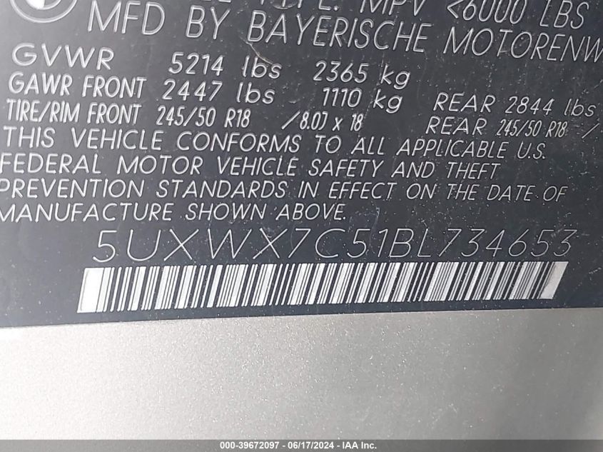 2011 BMW X3 xDrive35I VIN: 5UXWX7C51BL734653 Lot: 39672097