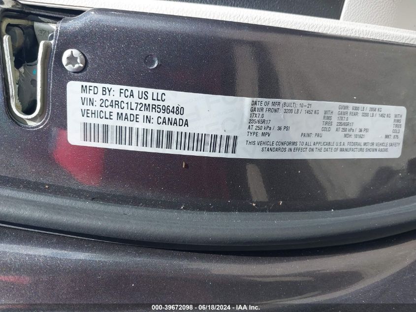 2021 Chrysler Pacifica Hybrid Touring L VIN: 2C4RC1L72MR596480 Lot: 39672098