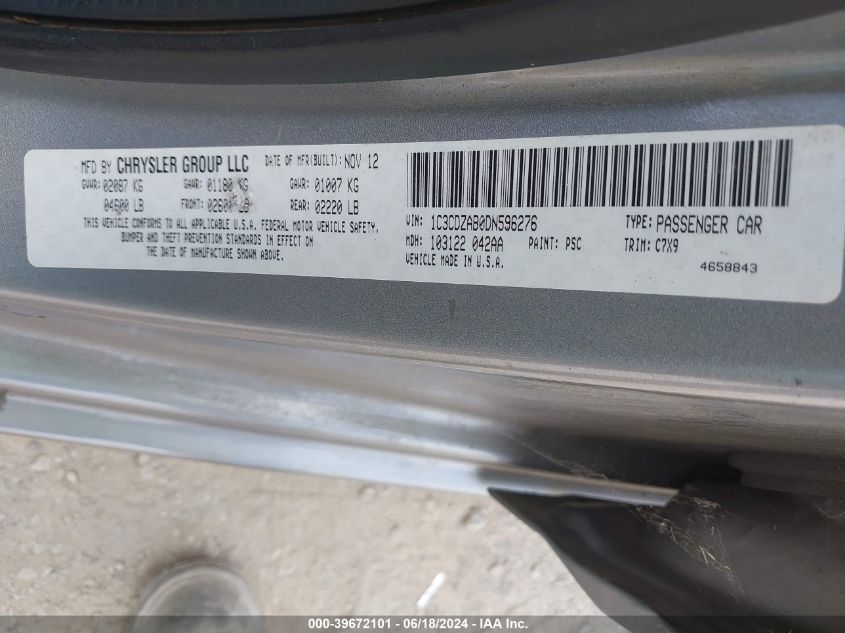 2013 Dodge Avenger Se VIN: 1C3CDZAB0DN596276 Lot: 39672101