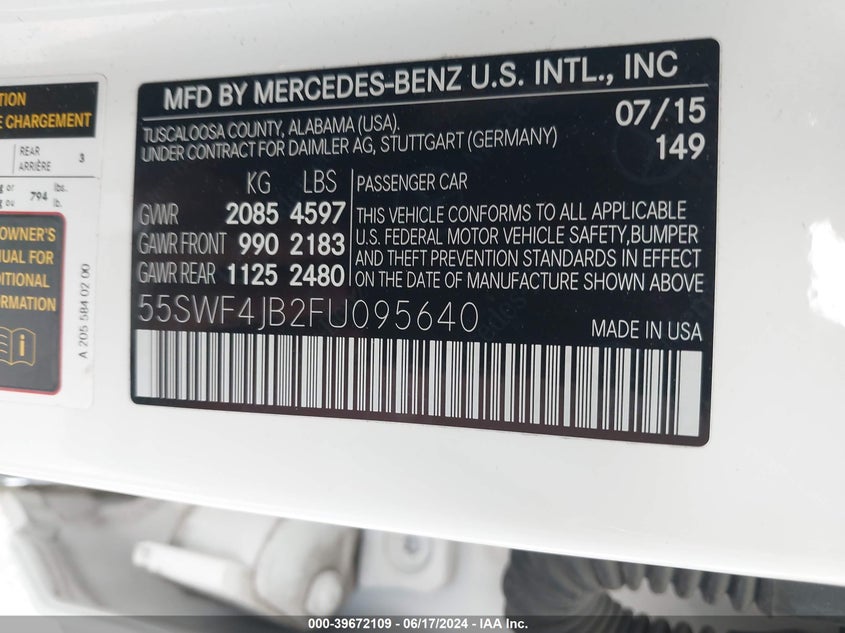 2015 Mercedes-Benz C 300 Luxury/Sport VIN: 55SWF4JB2FU095640 Lot: 39672109
