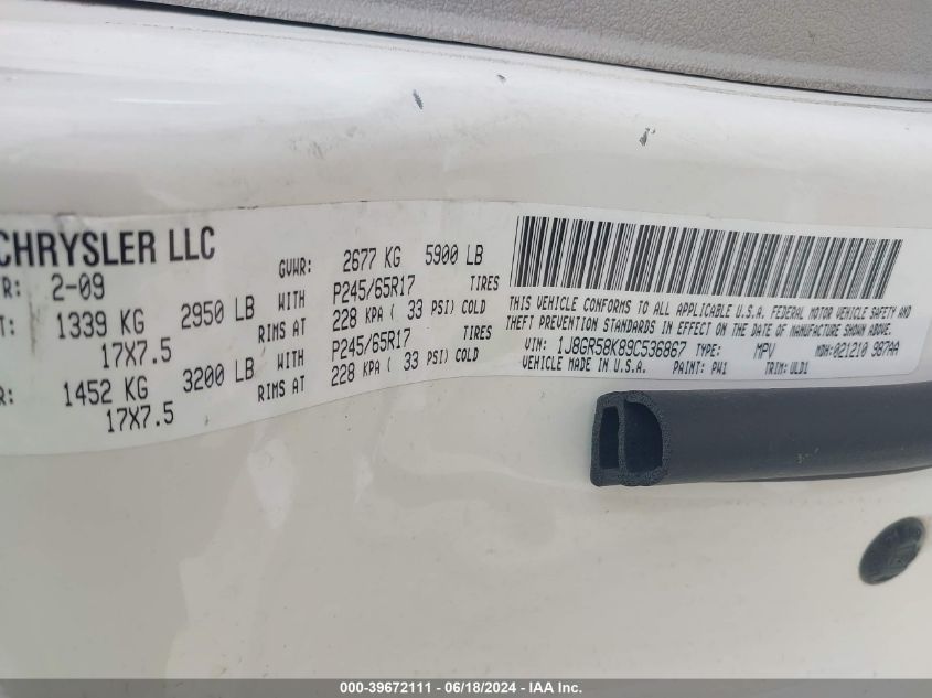 2009 Jeep Grand Cherokee Limited VIN: 1J8GR58K89C536867 Lot: 39672111