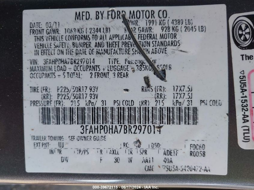 2011 Ford Fusion Se VIN: 3FAHP0HA7BR297014 Lot: 39672115