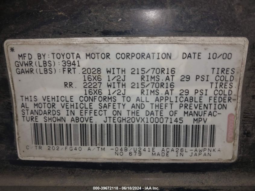 2001 Toyota Rav4 VIN: JTEGH20VX10007145 Lot: 39672118