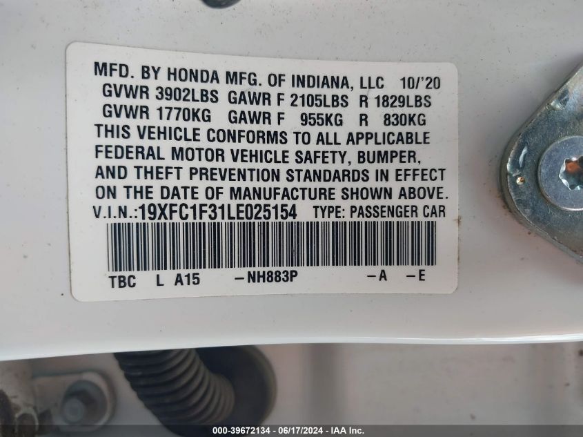 2020 Honda Civic Ex VIN: 19XFC1F31LE025154 Lot: 39672134