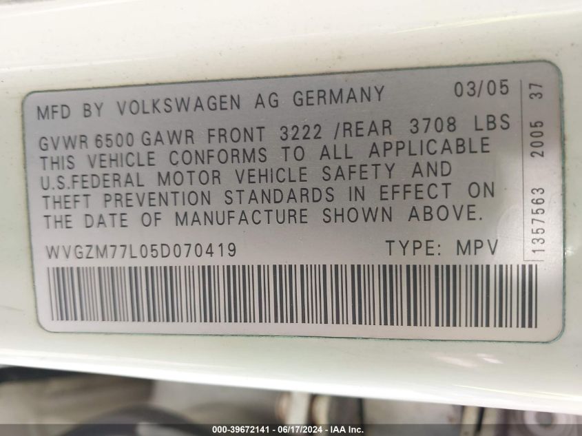 2005 Volkswagen Touareg V8 VIN: WVGZM77L05D070419 Lot: 39672141