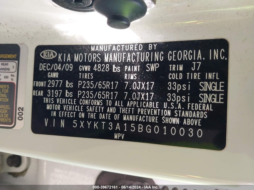 2011 Kia Sorento Lx VIN: 5XYKT3A15BG010030 Lot: 39672161