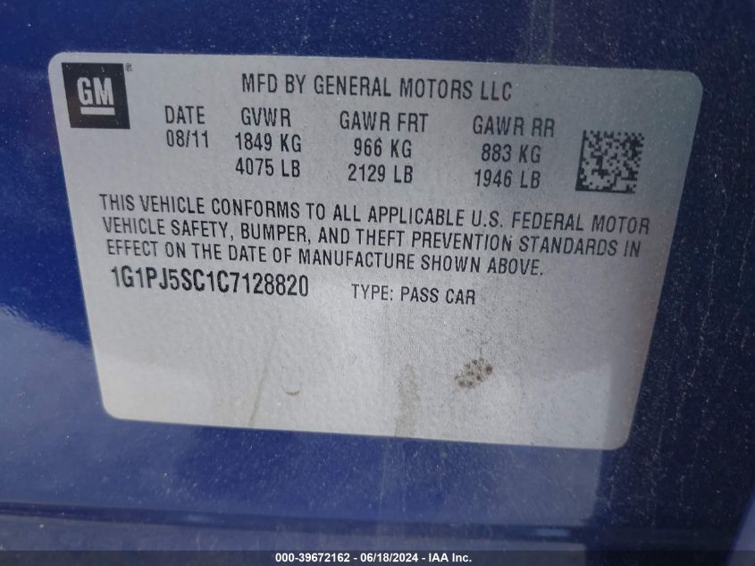 2012 Chevrolet Cruze Eco VIN: 1G1PJ5SC1C7128820 Lot: 39672162