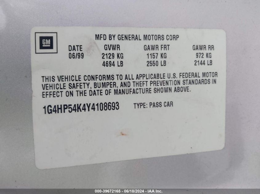 2000 Buick Lesabre Custom VIN: 1G4HP54K4Y4108693 Lot: 39672165