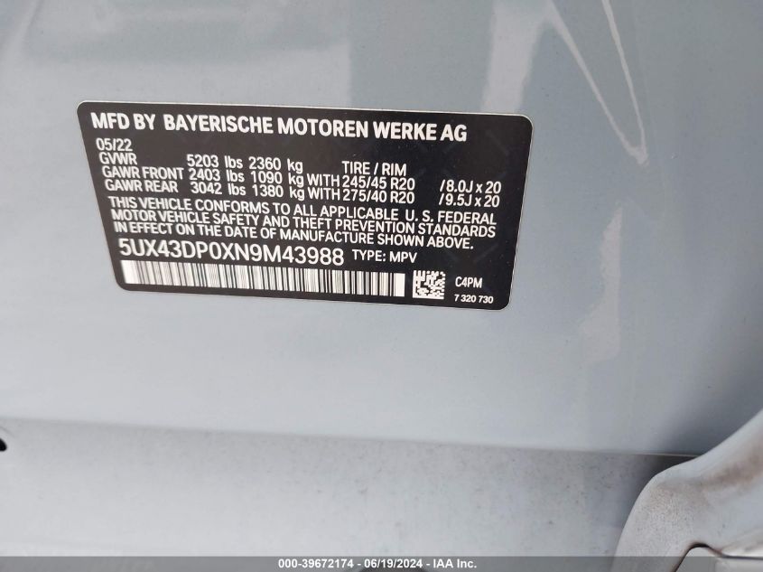 2022 BMW X3 Sdrive30I VIN: 5UX43DP0XN9M43988 Lot: 39672174