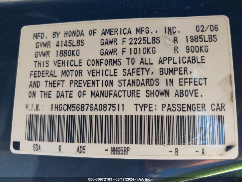 2006 Honda Accord 2.4 Ex VIN: 1HGCM56876A087511 Lot: 39672183