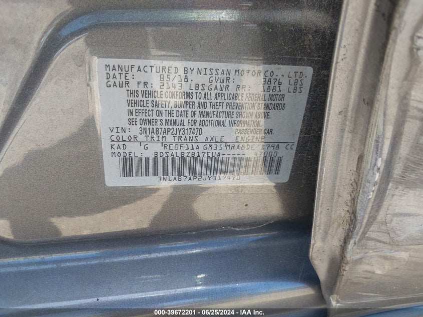 2018 Nissan Sentra S VIN: 3N1AB7AP2JY317470 Lot: 39672201