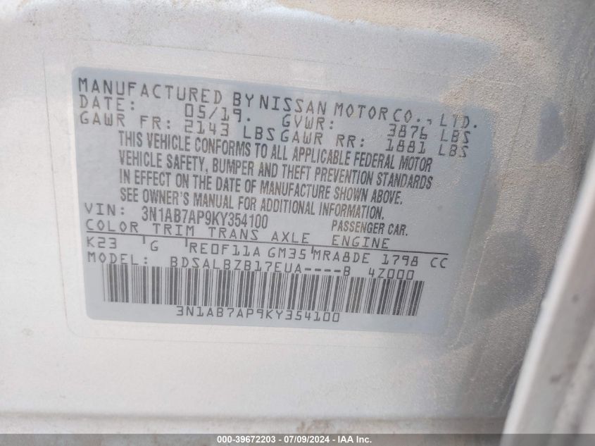 2019 Nissan Sentra S VIN: 3N1AB7AP9KY354100 Lot: 39672203